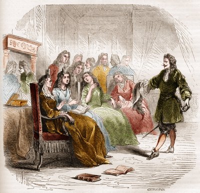 Der Schriftsteller Georges de Scudéry (1598-1667) während eines literarischen Salons, organisiert von seiner Schwester Madeleine de Scudéry, im Jahr 1650. Gravur aus 1860-1861 von Unknown artist