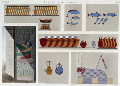 Theben: Bybân el Molouk. pl 87: Malereien des 5. Königsgrabes im Osten, 7. Basrelief vom Eingang desselben Grabes in „Ägyptische Antiquitäten“, 19. Jahrhundert von Unknown artist