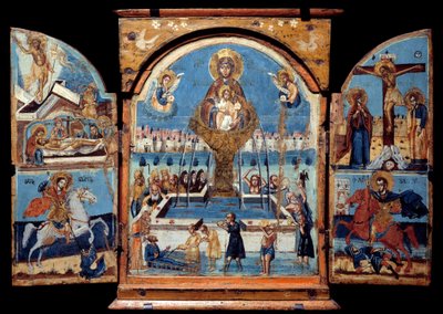 Triptychon der Jungfrau, Quelle des Lebens. Mitteltafel: Die Jungfrau überquert einen wundersamen Wasserbrunnen. Links die Auferstehung und die Kreuzabnahme. Unten ein Ritter (St. Georg), der einen Drachen niederschlägt. Rechts die Kreuzigung und ein Ritte von Unknown artist