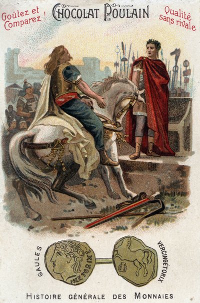 Vercingetorix (72-46 v. Chr.), Anführer des gallischen Aufstands, legt die Waffen zu Füßen von Cäsar (100-44 v. Chr.) nieder, nachdem er die Stadt Alesia endgültig verloren hat - In Allgemeine Geschichte der Münzen - Schokoladen-Fohlen Chromolithographie d von Unknown artist
