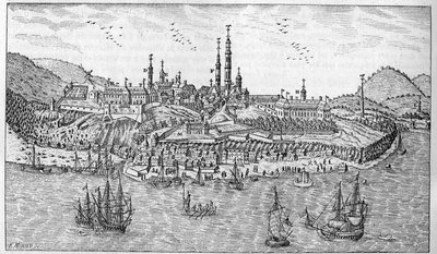 Ansicht der Stadt Quebec in Kanada (Ende des 17. Jahrhunderts): A. Jardin du fort. B. Das Fort. C. Pulverlager. D. Les Recollets. E. Ursulinen. F. Die Jesuiten. G. Die Kathedrale. H. Das Seminar. I. Hotel Dieu. L. Allgemeines Krankenhaus. Mr. L