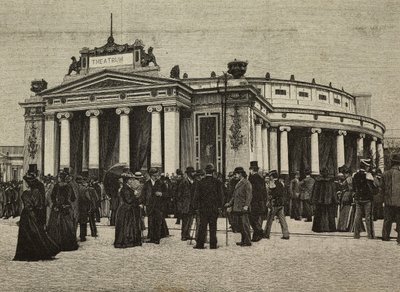 Besucher vor dem Teatro Pompeiano bei den United Exhibitions, Mailand, Italien, Gravur nach einem Foto von Treves Brüder aus L