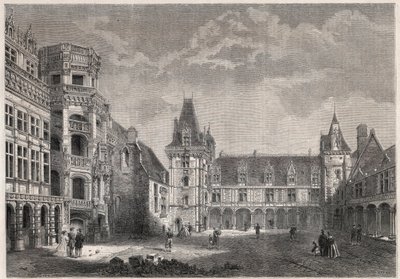 Außenansicht des Schlosses von Blois mit der monumentalen Treppe - Gravur in „Le Monde Illustré“ von Unknown artist