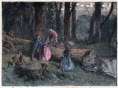Spaziergänger versuchen, das Alter einer toten Eiche zu berechnen, indem sie den Baumstamm untersuchen. Gravur Ende des 19. Jahrhunderts. von Unknown artist
