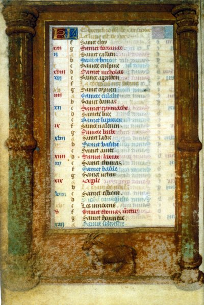 Zodiac Steinbock und Heilige des Monats Dezember - Miniatur des Mittelalters (ref.: 135, 006v): Genehmigungsantrag an die Stadtbibliothek Toulouse (tel: 05 62 27 66 66) von Unknown artist