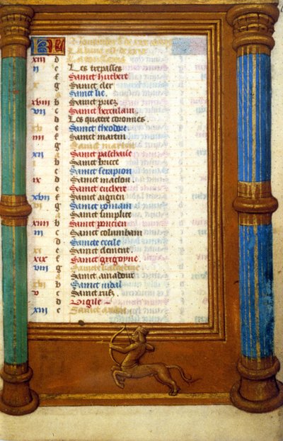 Tierkreiszeichen Schütze und Heilige des Monats November - Miniatur des Mittelalters (Ref.: 135, 006r): Genehmigung der Stadtbibliothek Toulouse einholen (Tel.: 05 62 27 66 66) von Unknown artist