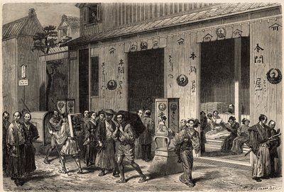 Eine Buchhandlung, mit Bücherstapeln und Lesern, in Yedo (oder Edo, dem heutigen Tokio), geöffnet in einer belebten Straße. Gravur zur Illustration der Reise nach Japan, 1863-1864, von Aime Humbert, Minister der Schweizerischen Eidgenossenschaft, in „Le to von Unknown artist