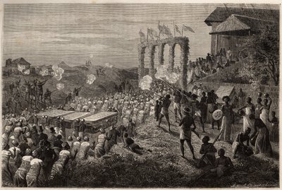 Ein Hochzeitszug in Tete (Mosambik). Gravur zur Illustration der ersten Reisen von Dr. Livingstone nach Südafrika von 1840 bis 1856, in „Le tour du monde, nouveau journal des voyages“ herausgegeben unter der Leitung von Edouard Charton von Unknown artist