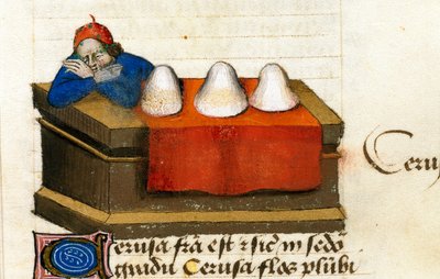 Ein Hirschhändler, verwendet für Kosmetika. Beschreibung von Heilpflanzen und deren Zubereitung. Manuskriptseite „Abhandlungen über Kräuter“ (Tractatus de herbis) von Pedanius Dioscorides (Dioskurides) (40-90 n. Chr.) Lat.1152 von Unknown artist