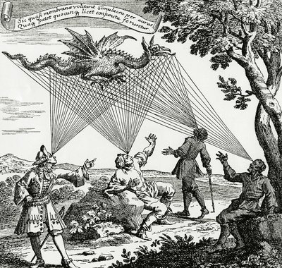 Ein Drache aus verschiedenen Blickwinkeln, basierend auf einem Kupferstich aus Zahns „Oculus artificialis teledioptricus“ von Unknown artist