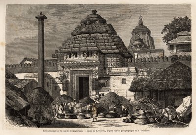 Ein beliebter Spaziergang vor dem Haupttor der Djaghernaut-Pagode (um 1200 erbaut), einer heiligen Stadt und Pilgerstätte im südlichen Bengalen. Gravur zur Illustration der Reise in die südlichen Provinzen Indiens, von Alfred Grandidier, veröffentlicht in  von Unknown artist