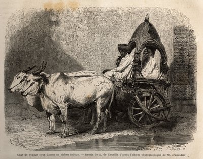 Ein Reisewagen, gezogen von zwei weißen Ochsen, für Damen oder wohlhabende Hindus. Gravur zur Illustration der Reise in die südlichen Provinzen Indiens, von Alfred Grandidier, 1862-1864, veröffentlicht in „le tour du monde“, unter der Leitung von D