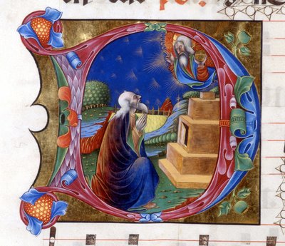 Abraham wird vom Herrn eingeladen, sein Land zu verlassen. Miniatur aus einem Chorbuch des 15. Jahrhunderts („civitatis“ von Augustinus). von Unknown artist