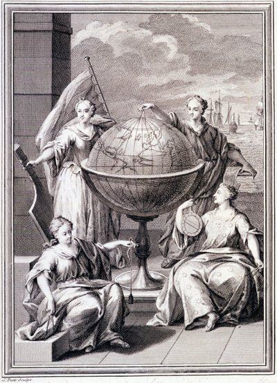 Allegorie der Erforschung der Welt - in „Historische Reise durch Südamerika im Auftrag des Königs von Spanien“ von Don Georges Juan und Don Antoine de Ulloa, Librairie du Roi, Paris von Unknown artist