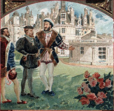 Karl V. wird von Franz I. im Schloss von Chambord empfangen. Chromolithographie aus dem späten 19. Jahrhundert. von Unknown artist