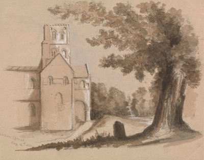 Kirche mit Baum und Grabstein im Vordergrund von Unknown artist