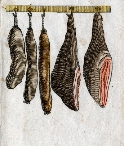Wurstwaren: Fleischhaken mit Schinkenfleisch und aufgehängter Wurst. Endgravur des 18. Jahrhunderts. Private Sammlung. von Unknown artist