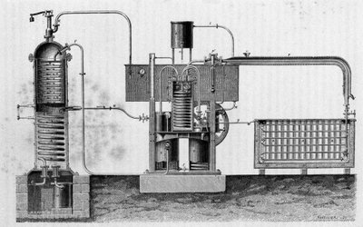 Schneiden der Industrieausrüstung zur Herstellung von Eis von Ferdinand Carré. Gravur des 19. Jahrhunderts von Unknown artist