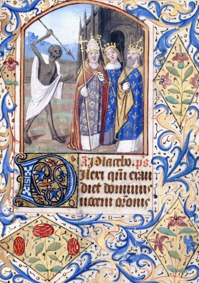 Der Tod mit seinem Speer, der auf drei Figuren zeigt, ein Papst, ein König, ein König und eine Königin, vor einer gotischen Kirche, ca. 1470 von Unknown artist