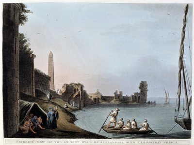 Außenansicht der alten Mauer von Alexandria, mit Kleopatras Nadel (Stadtmauern und Obelisk) - in „Views in Egypt, Palestine and other parts of the Ottoman Empire“ von Unknown artist