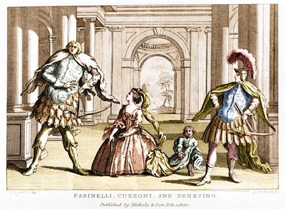 Farinelli (Carlo Broschi, genannt; 1705 - 1782) mit der Sopranistin Cuzzoni und dem Kastraten Francesco Bernardo Senesino (1680 - 1750) in der Oper von Georg Friedrich Händel von Unknown artist