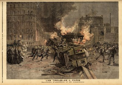 Brand von Omnibussen und Straßenbahnen in Paris: Eine brutal unterdrückte Studentendemonstration eskaliert zu einem allgemeinen Aufstand. Gravur in „Le petit journal“ 22/07/1893. Sammlung Selva von Unknown artist