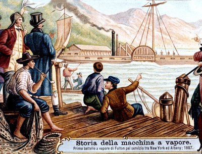 Erste Fahrt des Dampfschiffs „Clermont“ von Robert Fulton (1765-1815), amerikanischer Ingenieur auf dem Hudson River, USA von Unknown artist