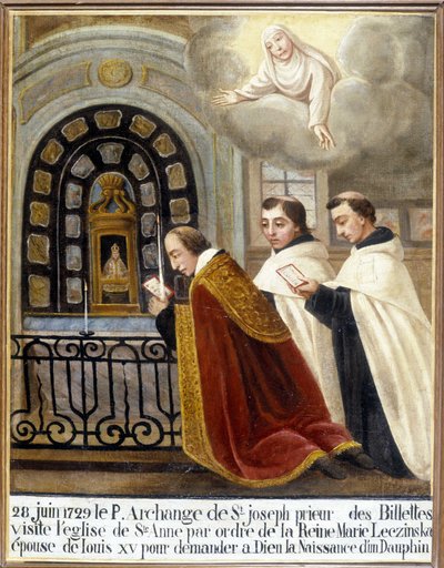 Fr. Erzengel von St. Joseph, Prior der Billettes, besucht die Kirche von Saint Anne im Auftrag von Königin Maria Leszczyńska, Frau von Ludwig XV., um Gott um die Geburt eines Delfins zu bitten, 28. Juni 1729 - Ex-Voto Sainte Anne d