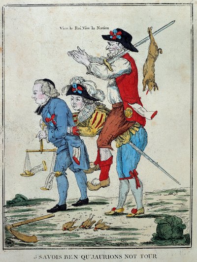 Französische Revolution: „Ich wusste, dass wir an der Reihe sein würden“. Karikatur, die den Dritten Stand auf dem Rücken der beiden Stände (Klerus und Adel) darstellt. Gravur des 18. Jahrhunderts. Paris, Musée Carnavalet von Unknown artist