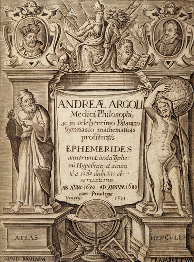 Frontispiz von „Ephemerides“ mit Herkules und Atlas von Andreae Argoli von Unknown artist