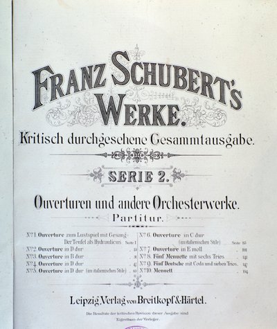 Frontispiz der Partitur verschiedener Ouvertüren von Franz Schubert von Unknown artist