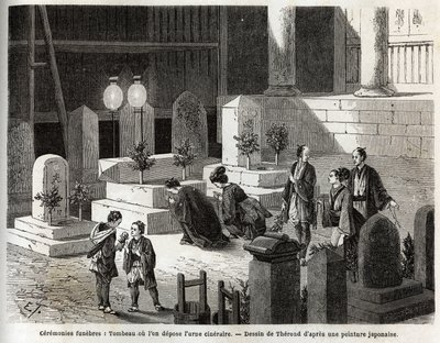 Beerdigungszeremonien: Grab, in dem die Urne mit der Asche aufbewahrt wird. Gravur zur Illustration der Reise nach Japan in den Jahren 1863-1864, von Aime Humbert, Minister der Schweizerischen Eidgenossenschaft, in „Le tour du monde, nouveau journal des vo von Unknown artist