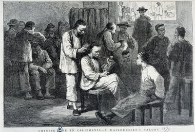 Friseursalon in der chinesischen Gemeinschaft von Kalifornien - Gravur von Unknown artist