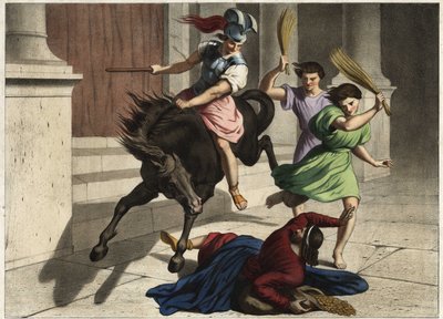 Heliodore (Heliodoros) wurde aus dem Tempel vertrieben: auf Befehl seines Herrschers versuchte er erfolglos, die Schätze des Tempels von Jerusalem zu ergreifen. Anonyme Gravur aus der Mitte des 19. Jahrhunderts. von Unknown artist