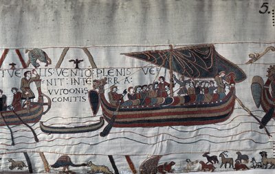 Vom Sturm entführt, strandete das Schiff von Harold II an der Küste von Ponthieu - Teppich von Bayeux, bekannt als Stickerei der Königin Mathilde von Unknown artist
