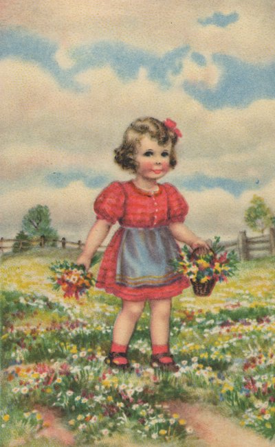 Historische Postkarte mit einem glücklichen Mädchen auf der Wiese, Grußkarte von Unknown artist