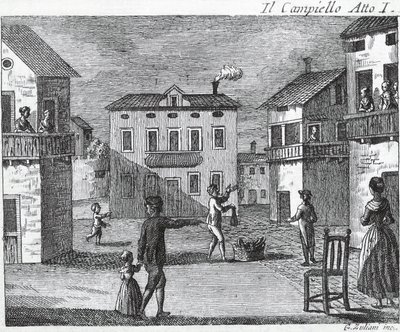 Il Campiello Akt I - Carlo Goldoni (1707-1793) - Stich aus dem 18. Jahrhundert von Unknown artist