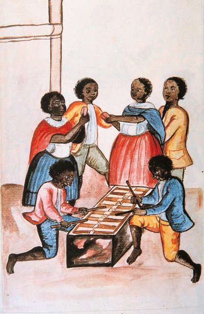 Indianer spielen Marimba und tanzen, aus dem Buch "Trujillo del Peru" oder "Códice Martínez Compañón" von Baltazar Martinez Compañón y Bujanda, Bischof von Trujillo (1782-1785) von Unknown artist