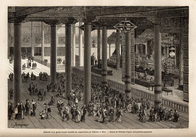 Innenansicht eines großen buddhistischen Tempels, der dem Taikoun (weltlicher Herrscher Japans) in Yedo (oder Edo, kaiserliche Hauptstadt, heutiges Tokio) gehört. Gravur zur Illustration der Reise nach Japan, 1863-1864, von Aimé Humbert, Minister der Schwe von Unknown artist