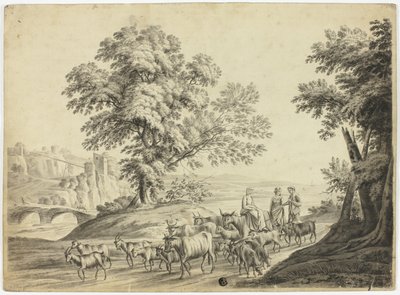 Italienische Landschaft mit Mann und zwei Frauen, die Rinder, Ziegen und Schafe hüten von Unknown artist