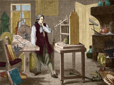 James Watt studiert die Perfektionierung der Newcomen-Maschine (1767) (Dampfmaschine) - in „Album der Wissenschaft; berühmte Wissenschaftler; Große Entdeckungen“ 1896 von Unknown artist