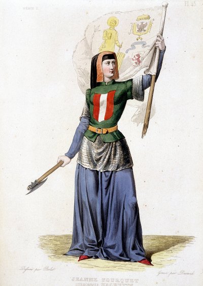 Jeanne Laisné, bekannt als Jeanne Fourquet, Spitzname Jeanne Hachette, französische Heldin (1456 bis ?). Gravur von 1835 von Unknown artist