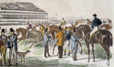 Jockeys und ihre Pferde vor dem Rennen (Gravur, ca. 1850) von Unknown artist