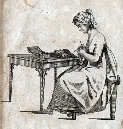 Strickmaschine: Frau beschäftigt sich mit dem Stricken von Wolle. Gravur späte 18. Jahrhundert. Private Sammlung. von Unknown artist