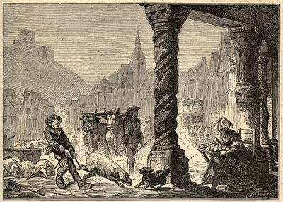 Die große Straße an einem Markttag in Dol de Bretagne - Gravur in „PATRIE - Beschreibung der malerischen Frankreichs in 6 Bänden“ von Lucien Huard - Ende des 19. Jahrhunderts von Unknown artist