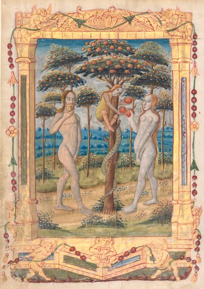 Blatt aus einem Stundenbuch: Adam und Eva und der Sündenfall (Einleitende Miniatur zum Marienoffizium) (recto) von Unknown artist
