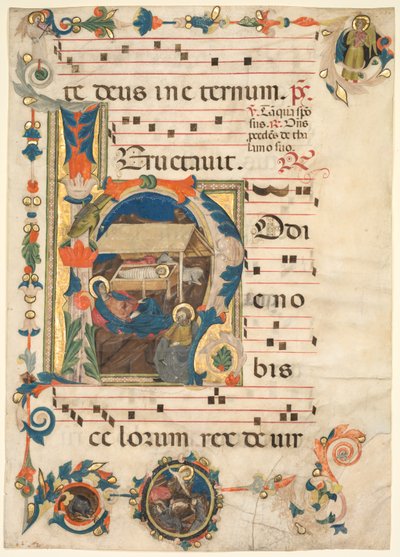 Blatt aus einem Antiphonar mit illustrierter Initiale (H) mit der Geburt Christi (recto) von Unknown artist