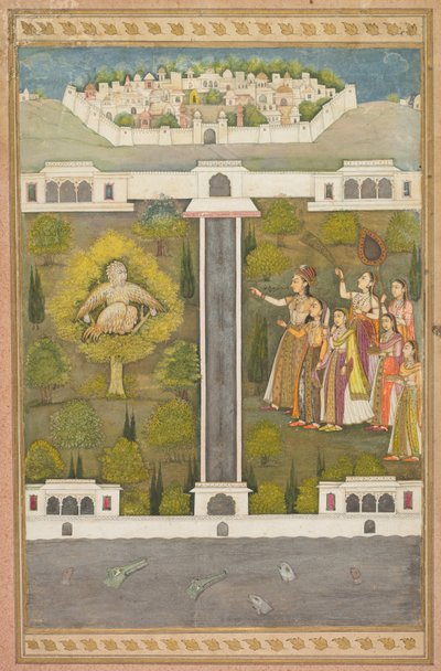 Mahliqa, Tochter des Kaisers von China, zeigt auf den Vogelmann Khwaja Mubarak: Ein Blatt aus einer poetischen Romanze über Shah Alam I (verso); Schablonierte Szenen von Löwe und Gazelle (verso) von Unknown artist