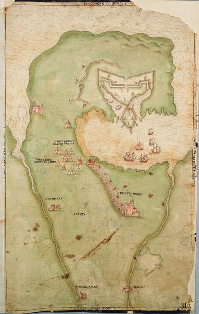 Karte von Smerwick, Irland, zeigt das englische Erdwerk mit zwei Kanonen zur Angriffe auf das spanische Fort und englische Soldaten, die aus Castell More marschieren von Unknown artist