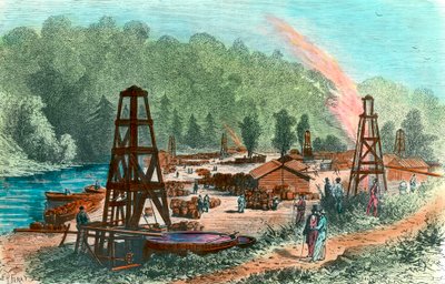Ölquellen bei Tarr Farm in Pennsylvania, USA. Gravur des 19. Jahrhunderts von Unknown artist